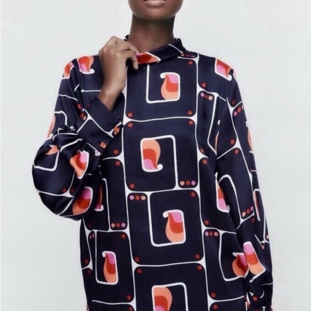 Zara Geometric Print Satin Effect High Collar Blouse
